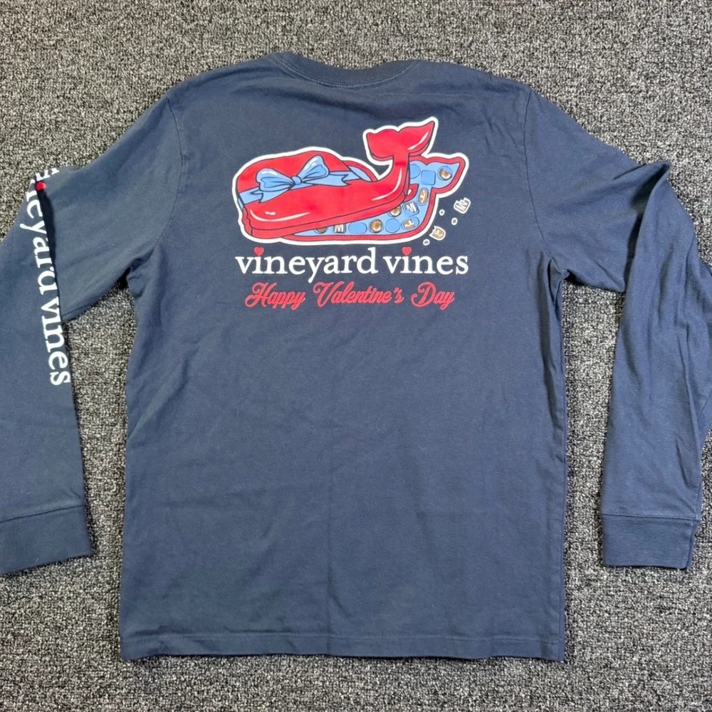 Vineyard Vines Kids Large Navy Valentine's Day Whale Box of Chocolates LS Shirt